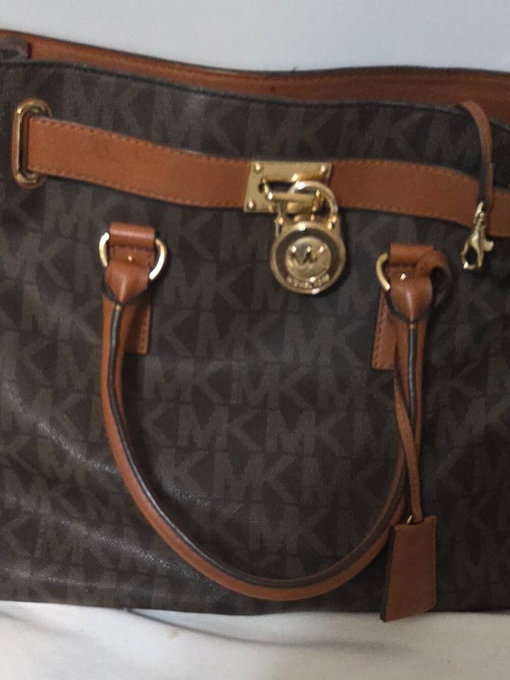 Michael Kors Hamilton Legacy Large Logo Satchel Bag Brown Acorn Gold MK Tote